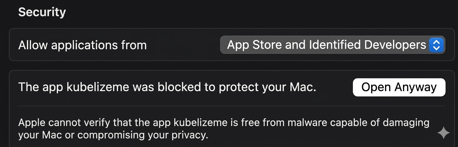 macOS Security panel showing kubelizeme blocked with Open Anyway option